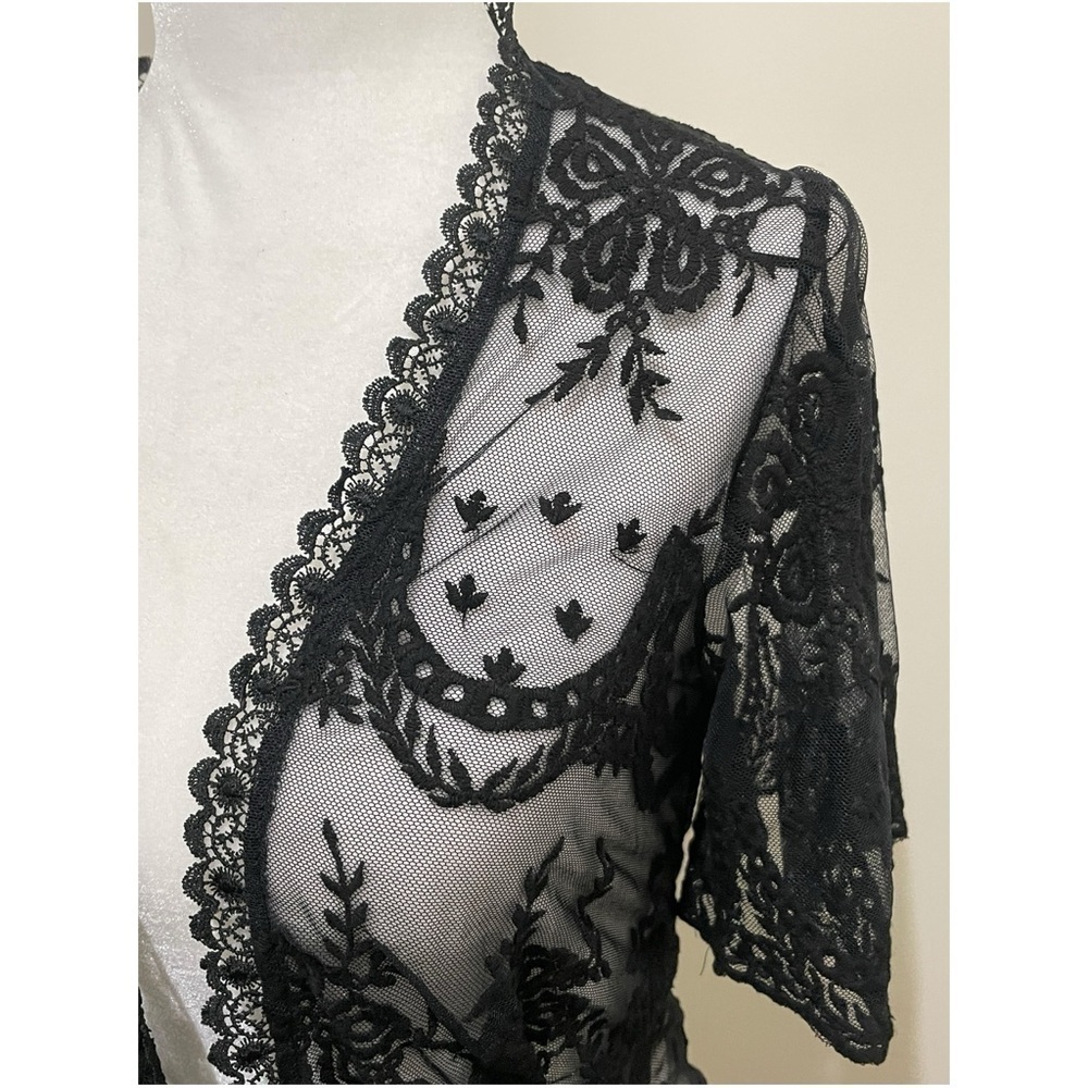 NWT Bloomingdale's AQUA Black Floral Short Sleeve Sheer Kimono, M - Picture 6 of 16